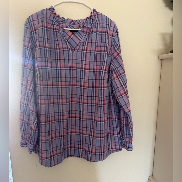 NWOT Talbots Plus Size 2Xp Pink Purple Plaid 100% Cotton Shirt Top Blouse Ruffle - Picture 1 of 7